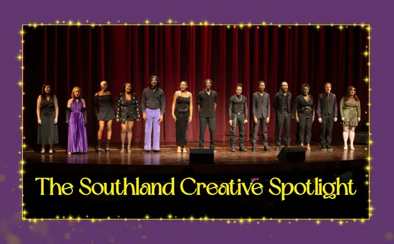The Southland Creative Spotlight ensemble cast lineup on stage with red curtain backdrop and event title
