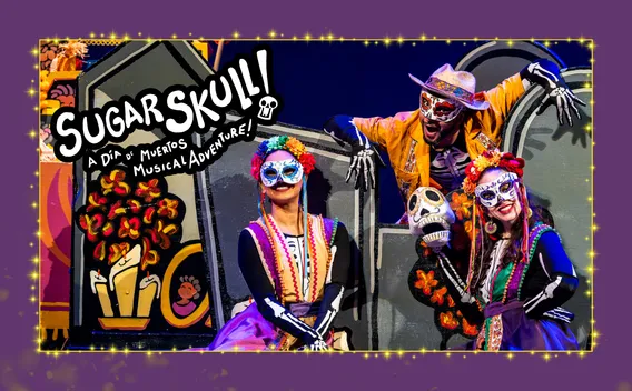 Sugar Skull Día de Muertos musical promotional graphic with colorful skeleton costumes and festive stage set