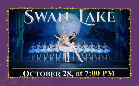 Swan Lake ballet poster with lead dancers and corps de ballet against a moonlit backdrop.