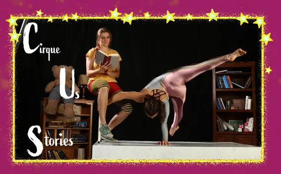 'Cirque Us Stories’ in bold yellow text with circus tent icon on a magenta background.
