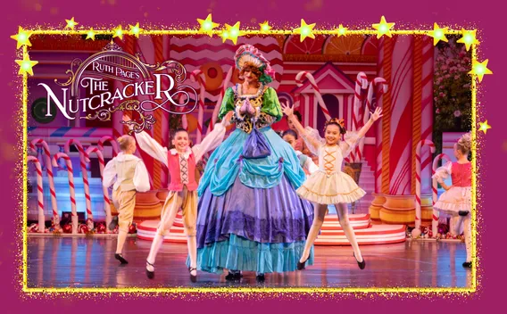 "The Nutcracker" logo above a stage scene with a colorful performer, child dancers, candy set.