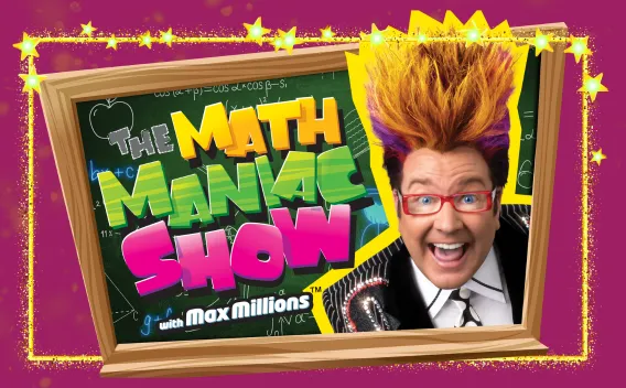 Graphic: "The Math Maniac Show" title, wild-haired man in red glasses smiling on a blackboard.