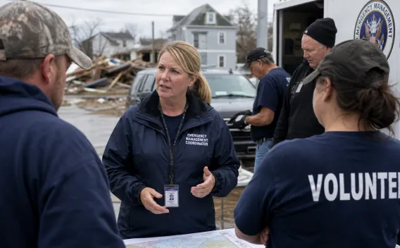Coordinator working with volunteers to assist in a crisis