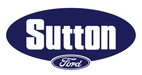 Logo for Sutton Ford with bold white lettering inside a dark blue oval, with a smaller oval containing the Ford name below.