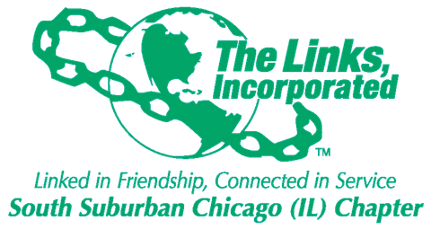 Logo for The Links, Incorporated in green, with a linked‑chain graphic and the text ‘Linked in Friendship, Connected in Service’ and ‘South Suburban Chicago (IL) Chapter