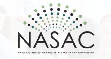 Logo for NASAC, National Addiction Studies Accreditation Commission, with green and teal dots.