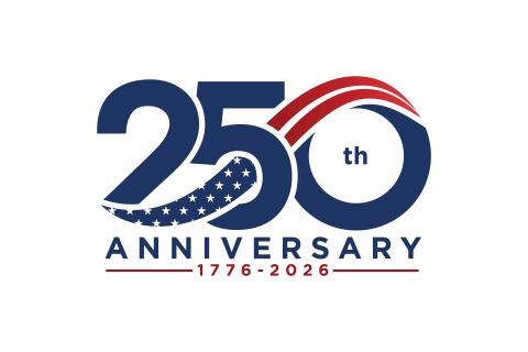 Logo: blue 250 with red stripe, "Anniversary 1776-2026" below.