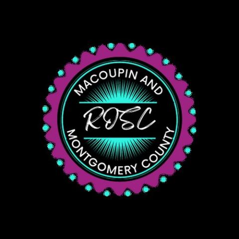 Logo for Macoupin and Montgomery County ROSC with a magenta border and teal sunburst.