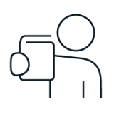 Person holding a clipboard with a simple line drawing style icon.