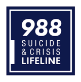 Logo for 988 Suicide and Crisis Lifeline, white text on dark blue.